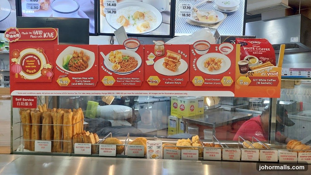 Food stall interior with self-service counter