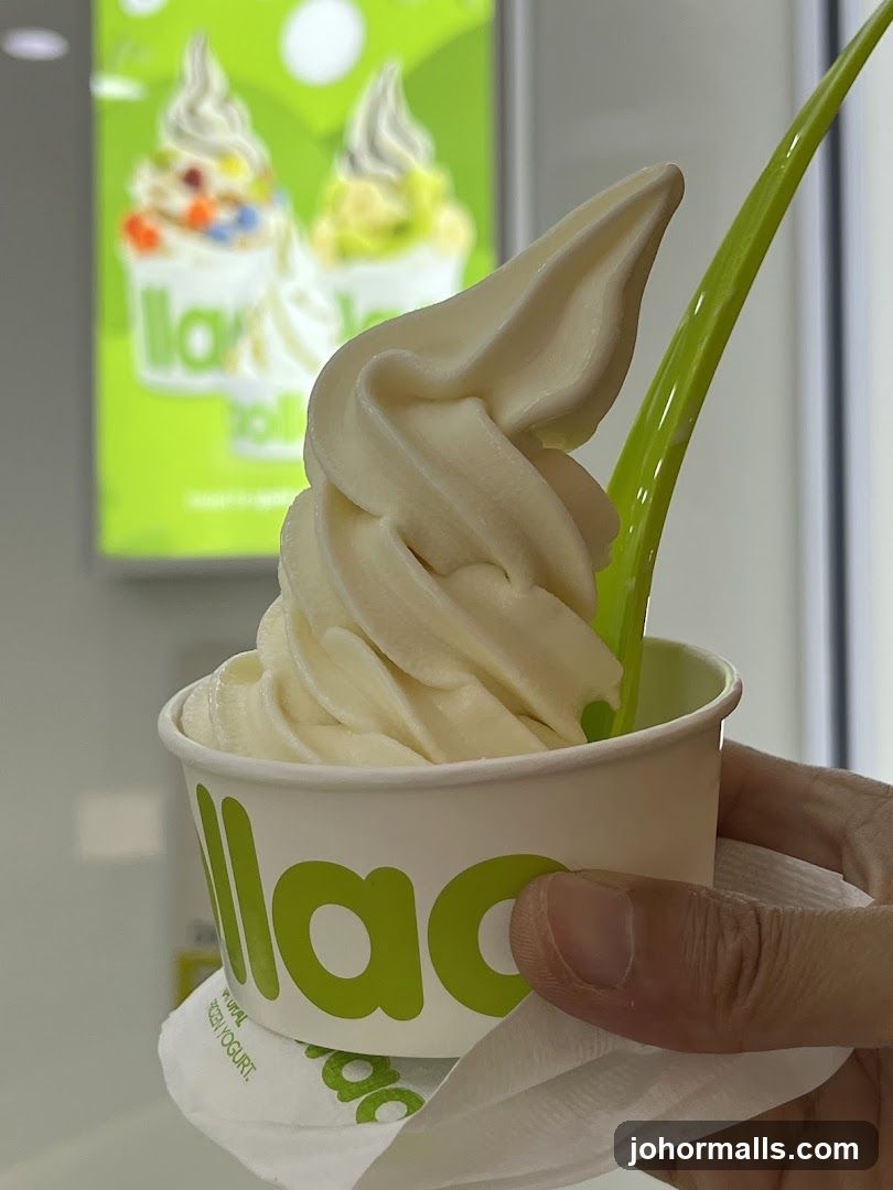 Soft serve yogurt in cup with green spoon