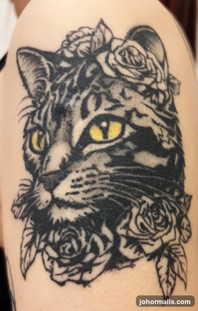 Cat Tattoo with Roses