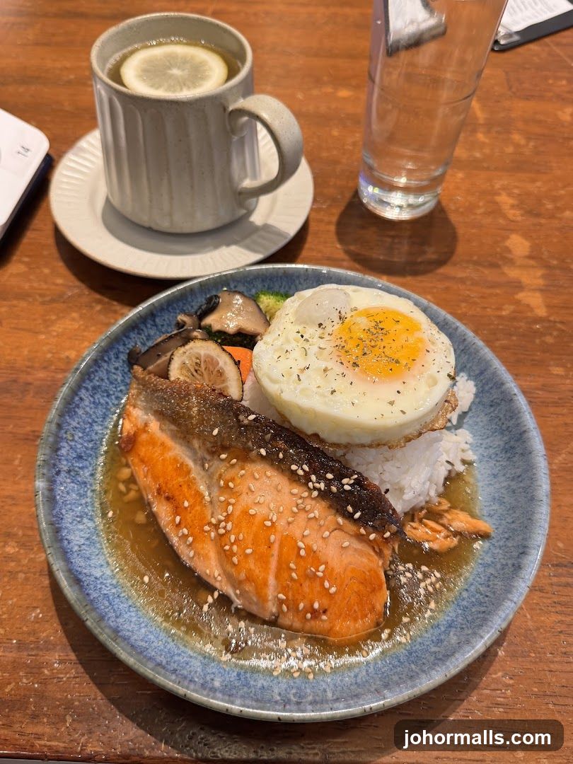 Dinner Plate with Salmon, Rice, and Egg