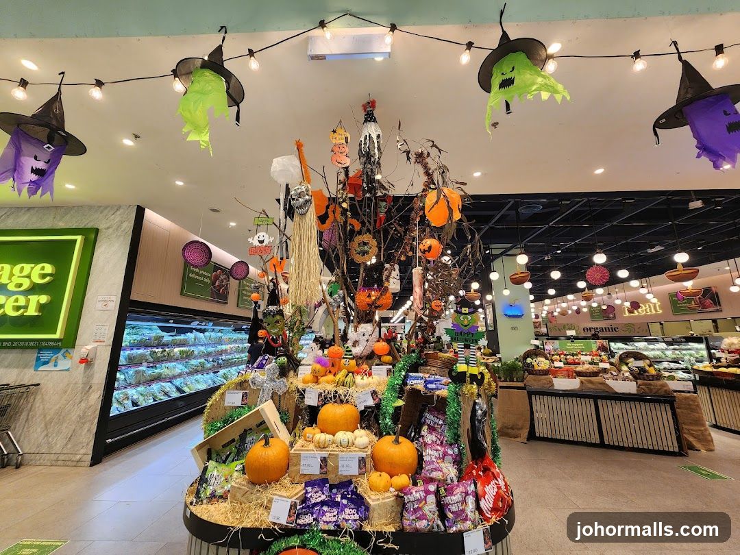 Halloween-themed display in supermarket interior