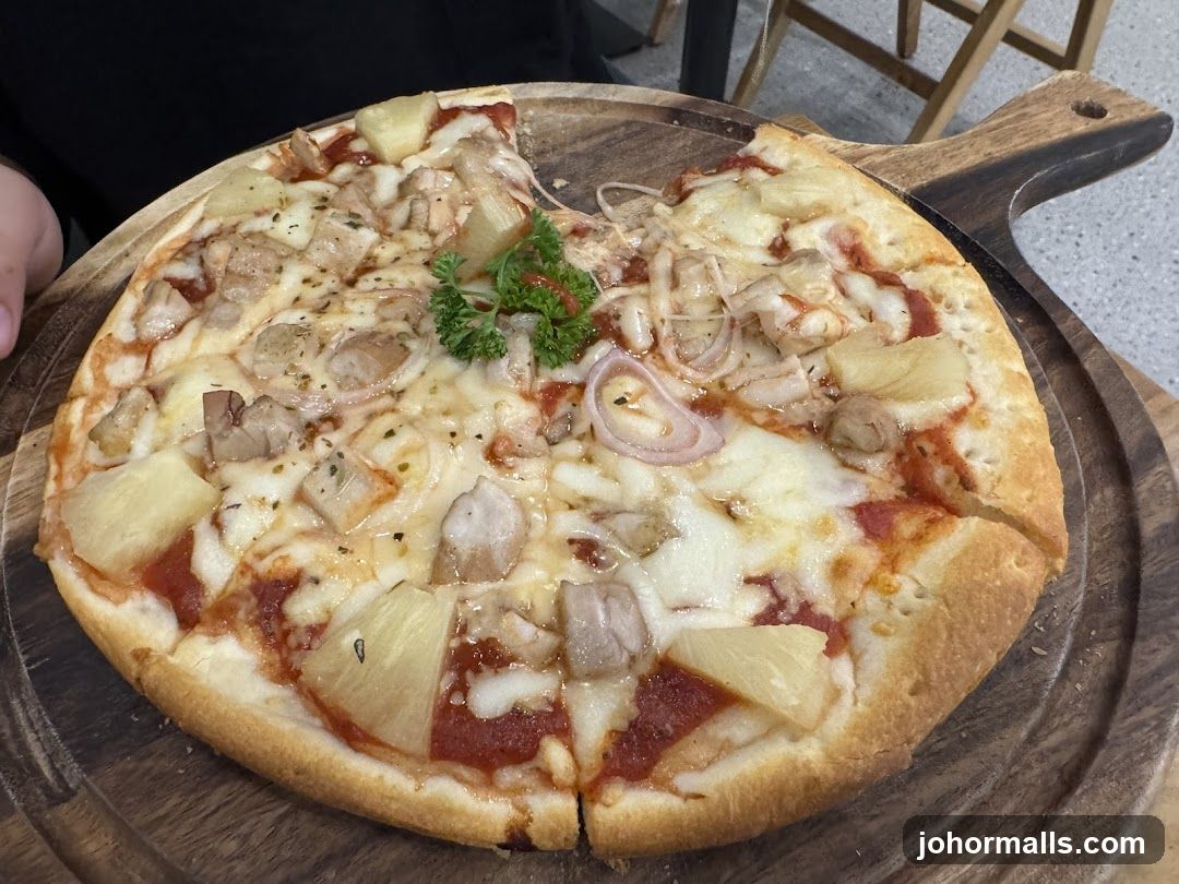Pizza on wooden serving board