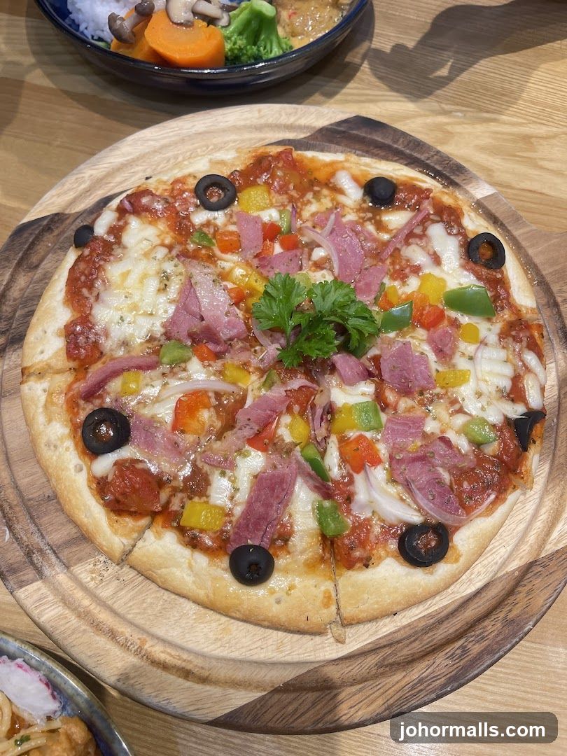 Pizza on wooden serving board