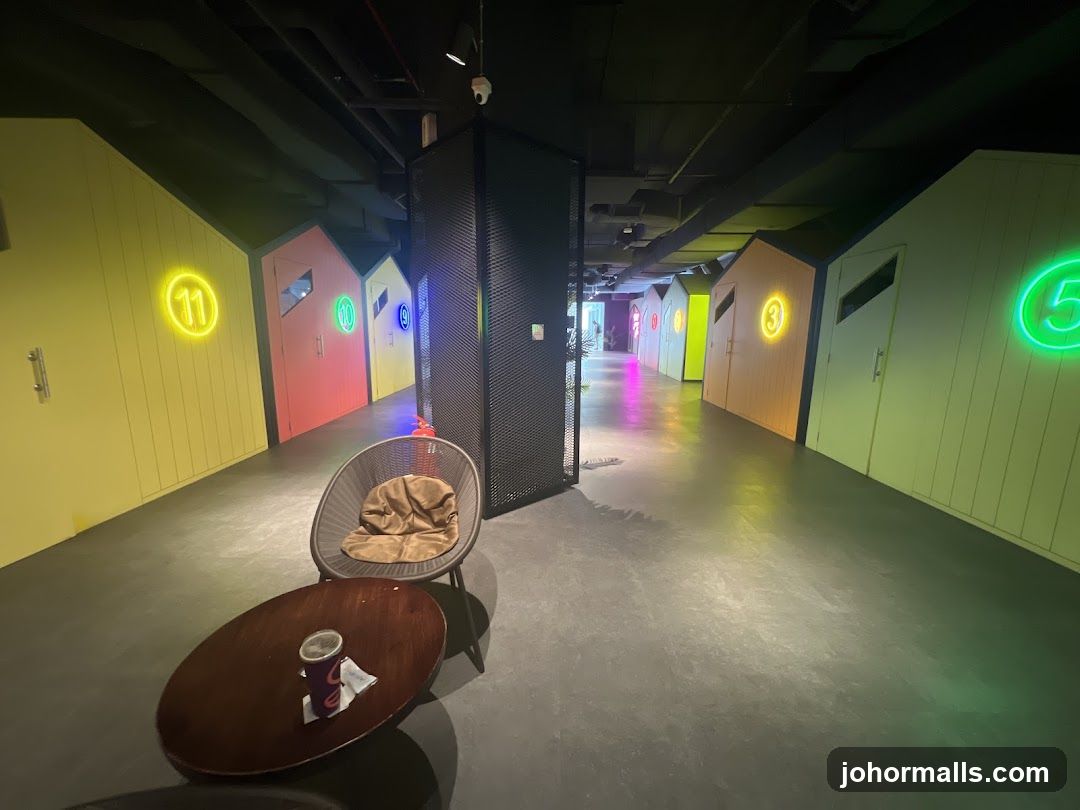 Interior hallway of a colorful building