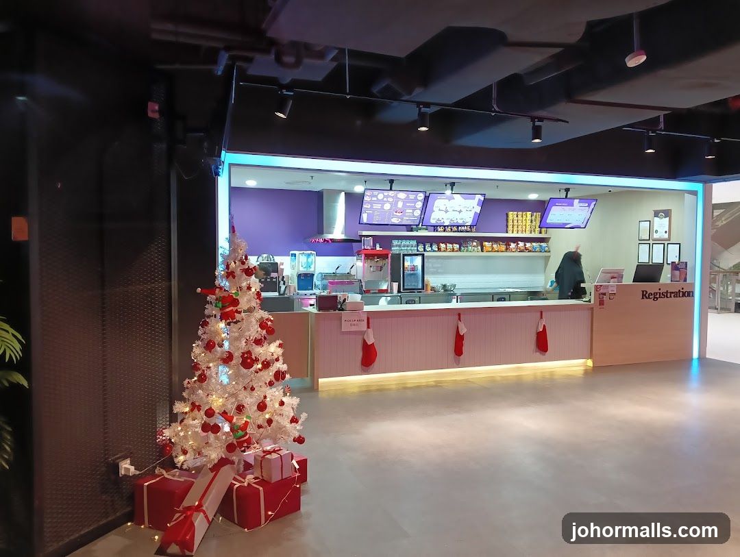 Interior of a food service area with Christmas decorations