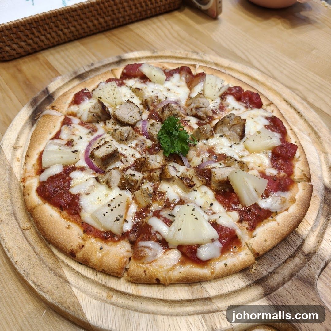 Pizza on wooden serving board