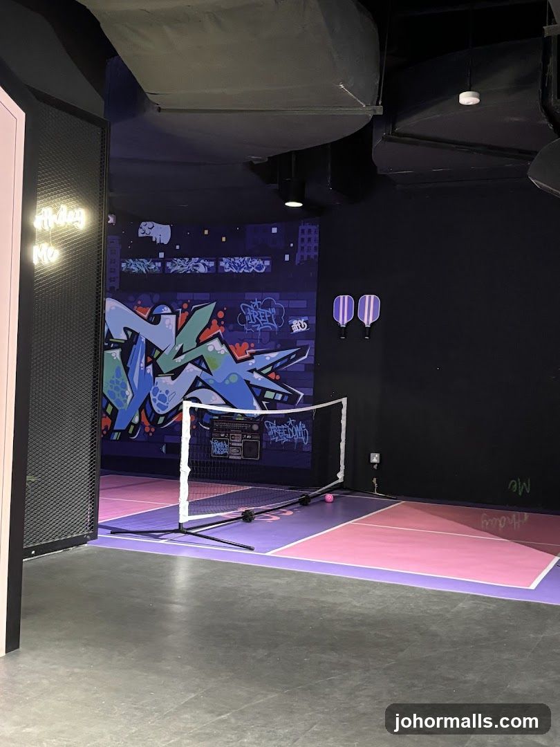 Indoor sports court with graffiti wall