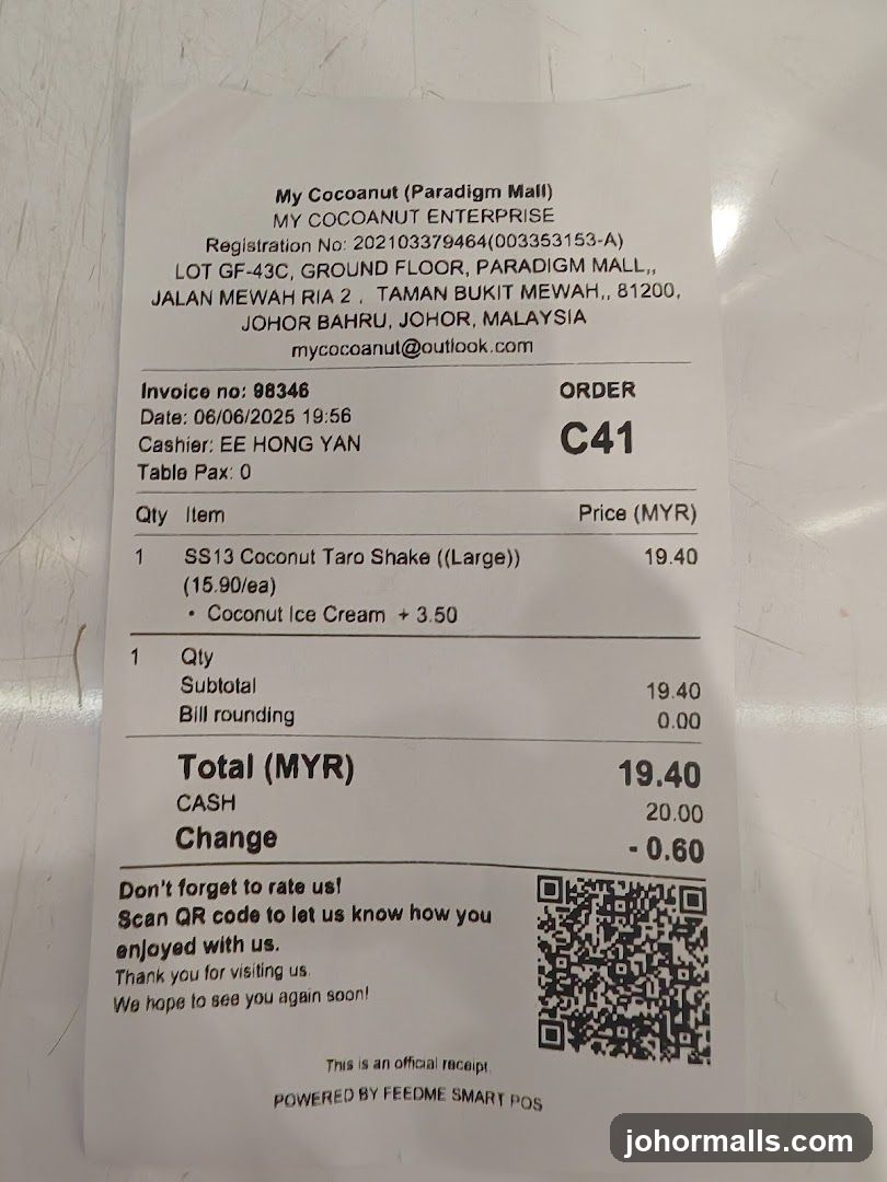 Receipt from My Cocoanut at Paradigm Mall
