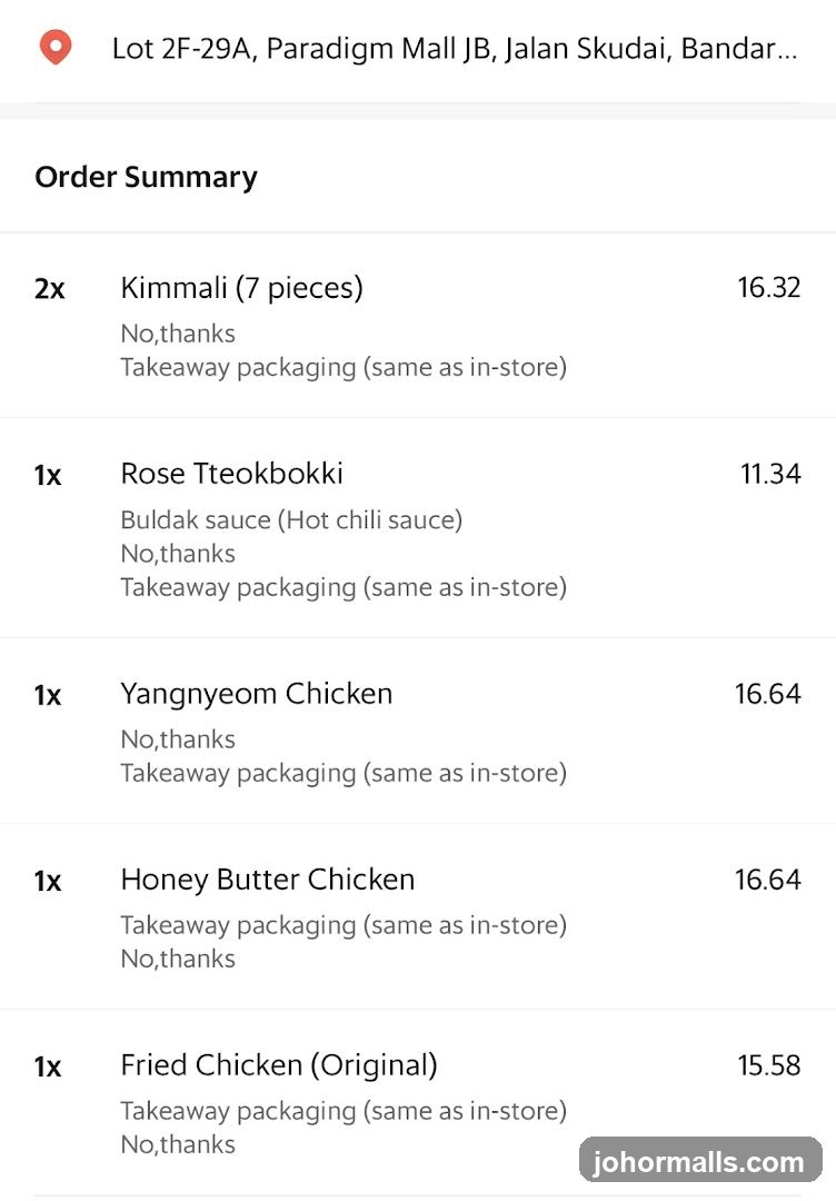 Order Summary from Paradigm Mall JB