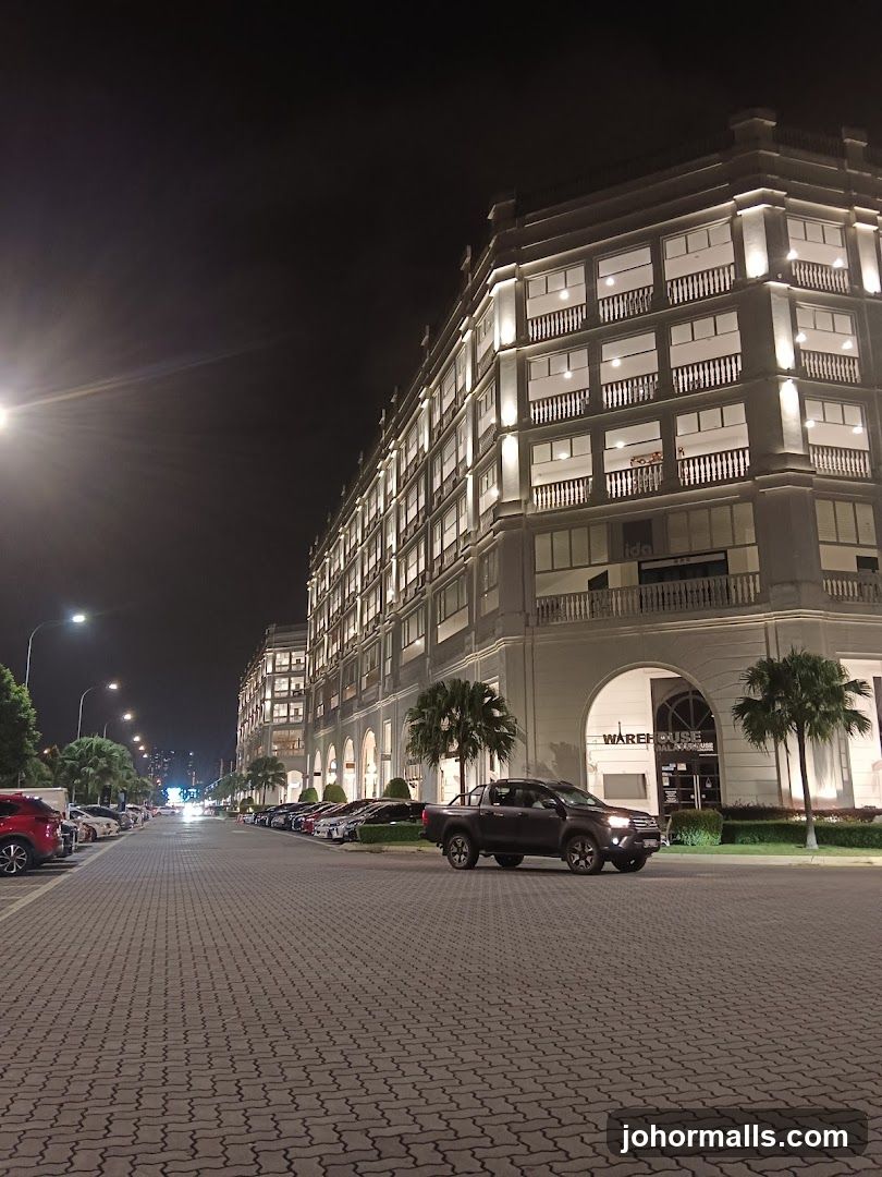 Nighttime exterior of multi-story building