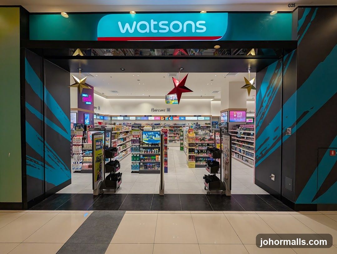 The image shows the exterior entrance of a Watsons store with a prominent turquoise and red logo sign above the doorway. The facade features bold blue and black diagonal stripes on either side. Inside, shelves are stocked with products under bright lighting, and decorative stars hang from the ceiling. The floor is tiled in white and dark gray. No menu or printed materials are visible.