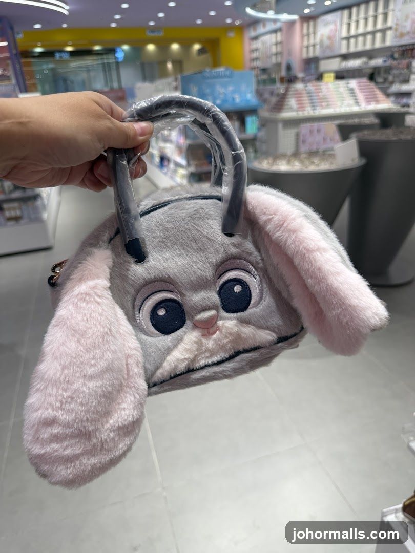 Hand holding bunny-shaped purse in store