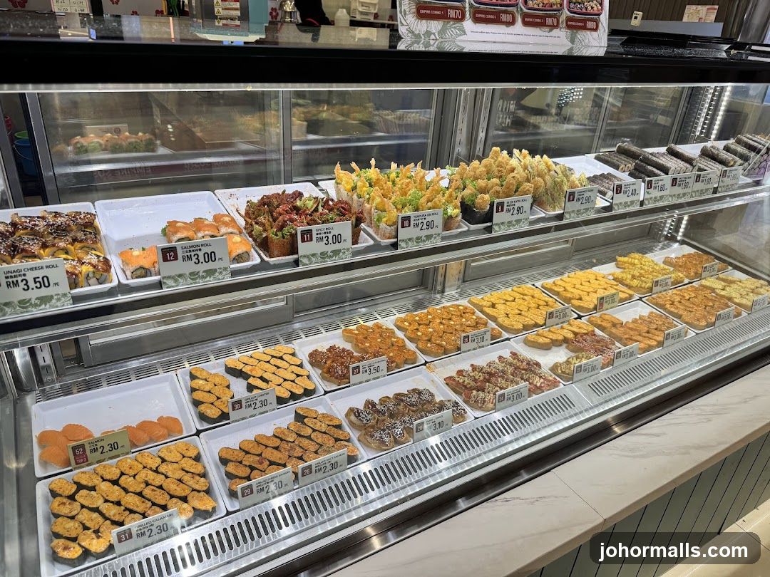 Sushi and Japanese food display counter