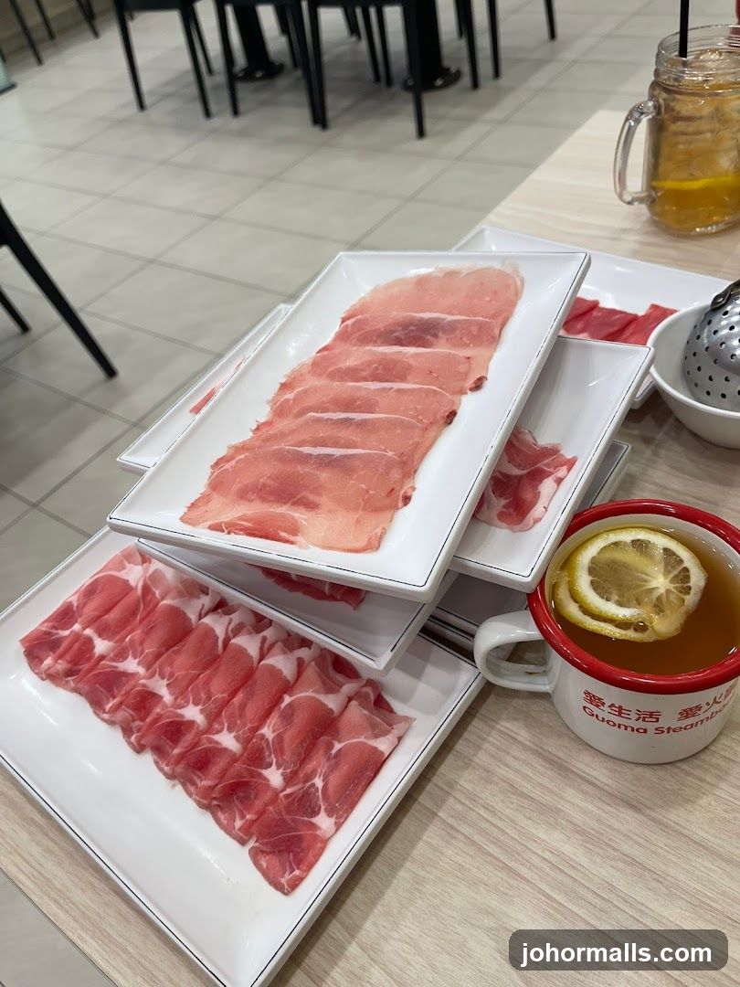 Hot Pot Meat Slices and Beverage at Restaurant