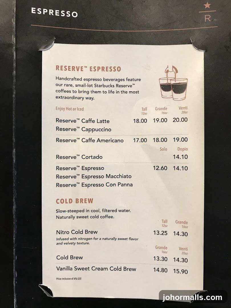 Starbucks Reserve Espresso and Cold Brew Menu