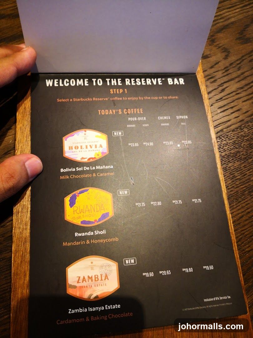 Starbucks Reserve Bar Menu