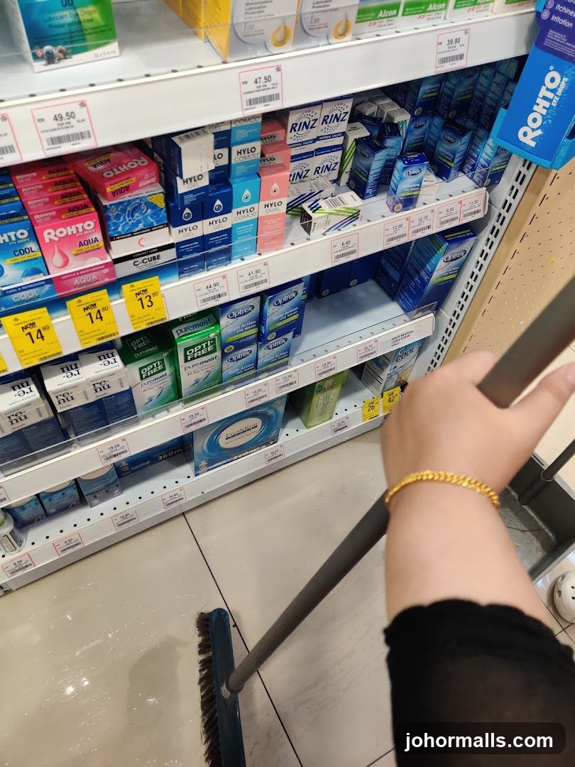 Store aisle with cleaning activity