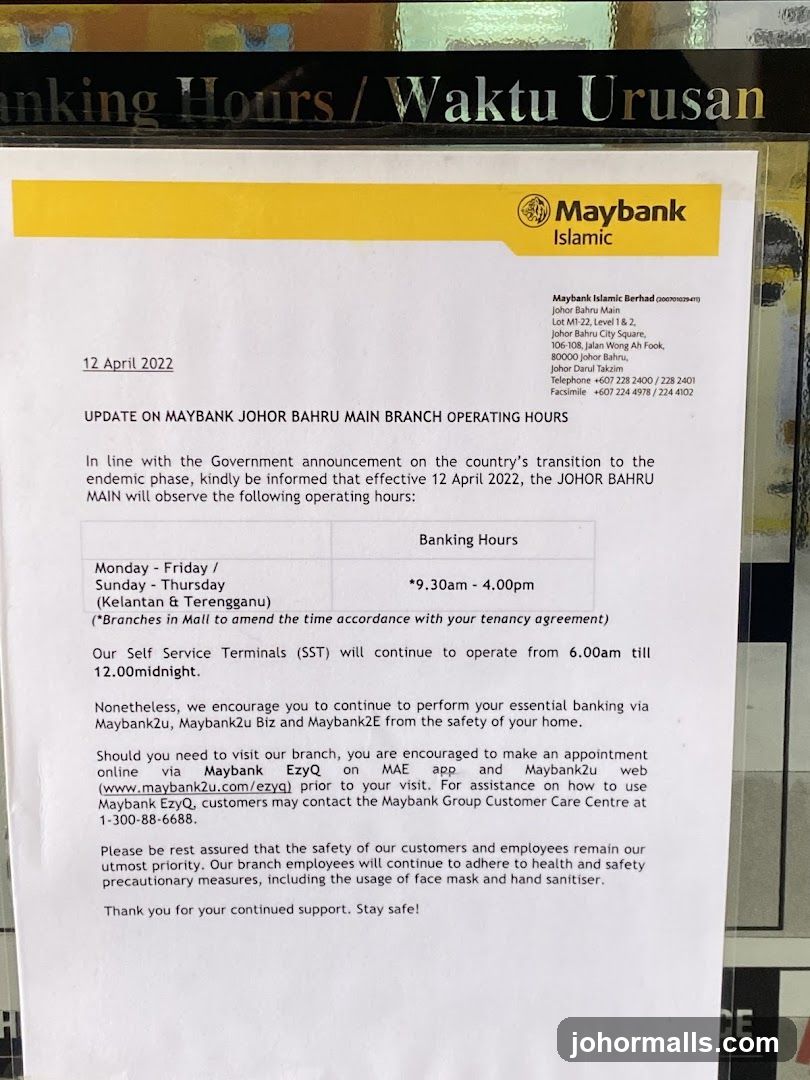 Maybank Islamic Branch Operating Hours Update