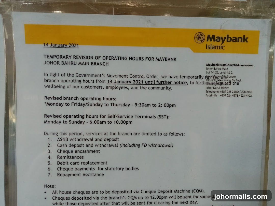 Maybank Islamic Temporary Revision of Operating Hours