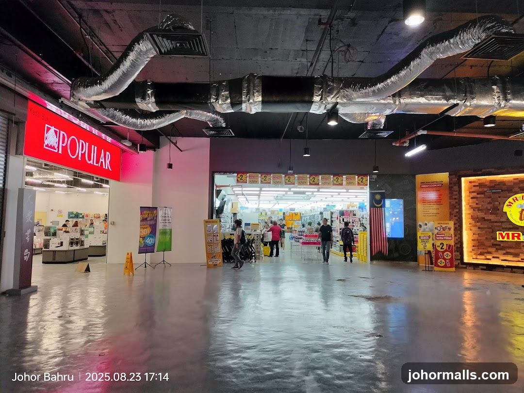 Interior of a shopping mall with multiple stores