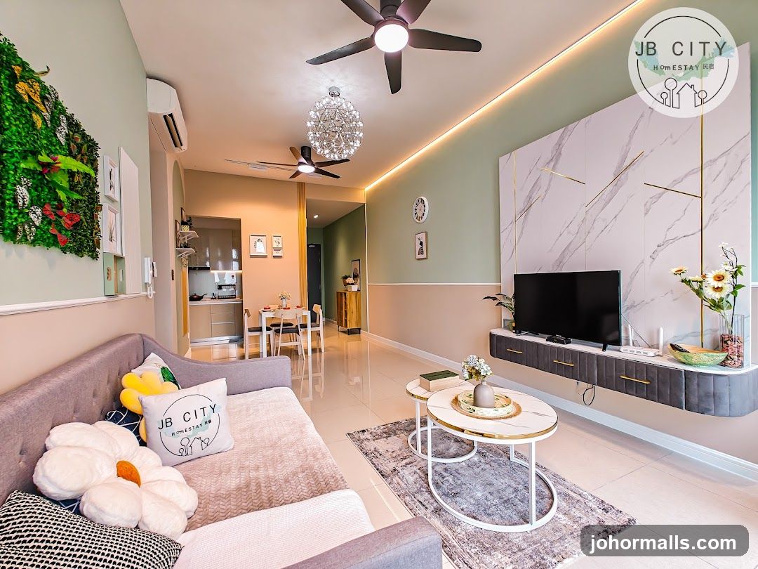 Modern Living Room with Greenery and Marble Accents