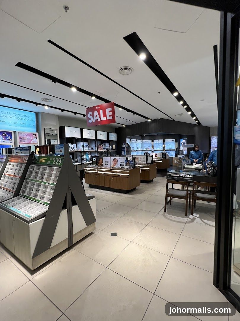 Eyewear store interior with sale sign