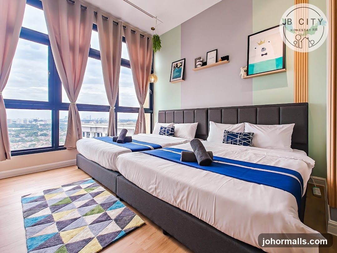 Bedroom with two beds and city view