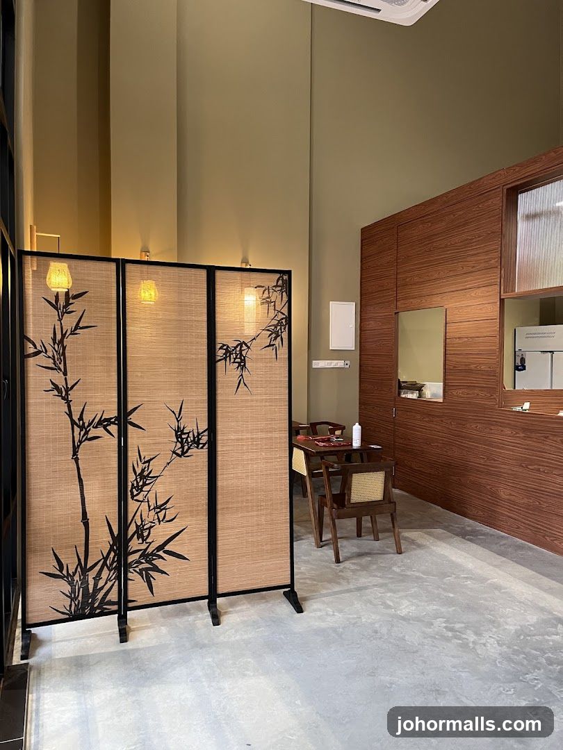 Interior of a restaurant with bamboo screen