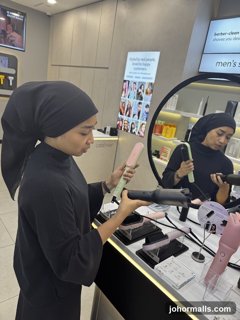 Woman examining hair styling tools