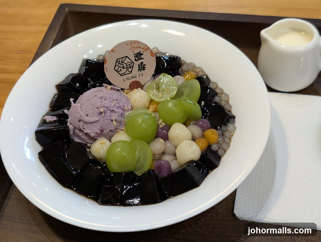 Grass Jelly Dessert with Ice Cream and Fruit