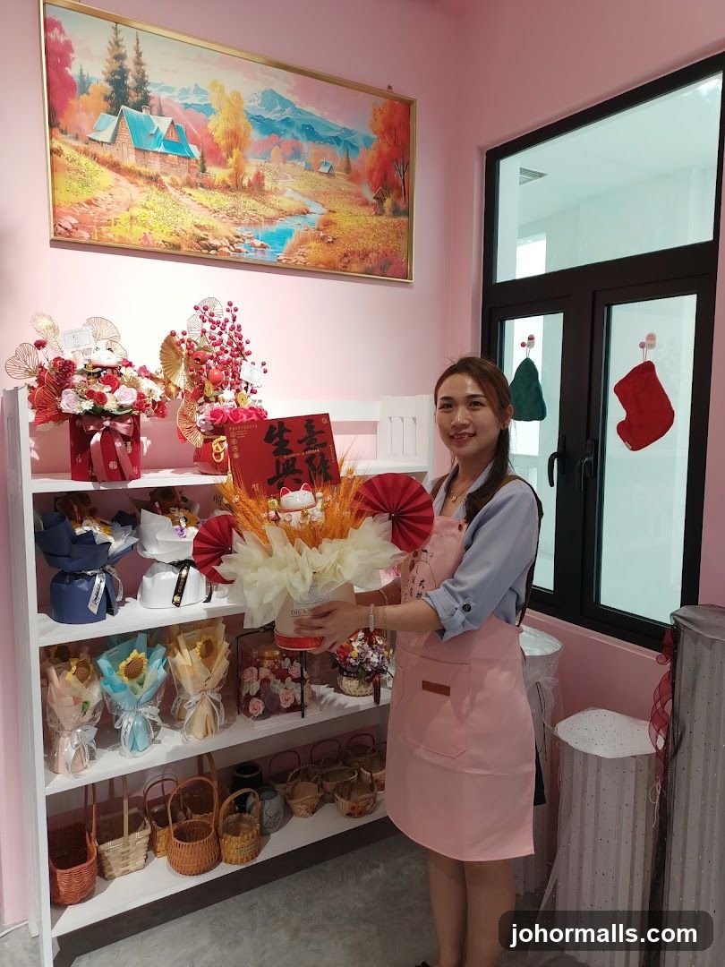 Florist with flower arrangements