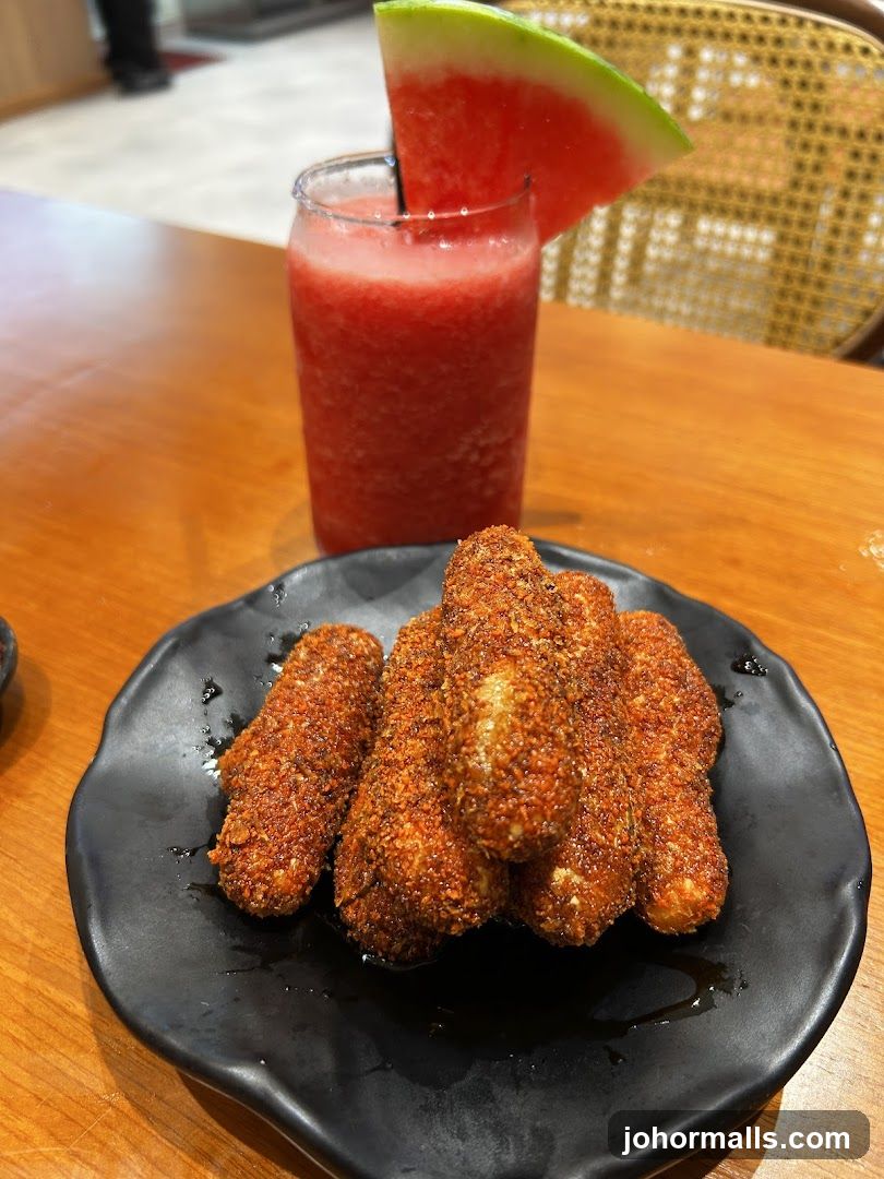Fried Appetizers and Watermelon Smoothie