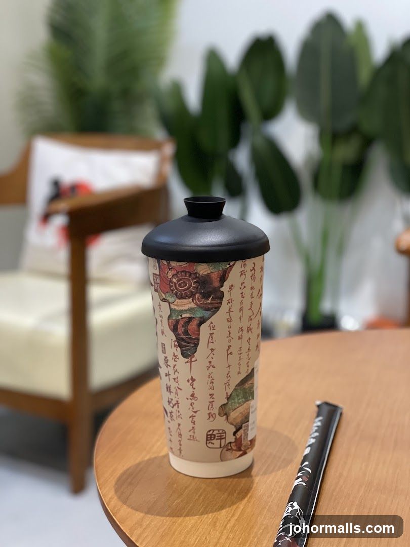 Cup with Asian-inspired design on a wooden table