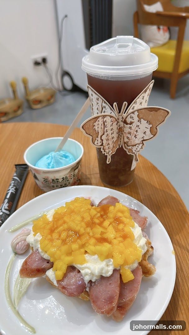 Waffle with toppings and a drink