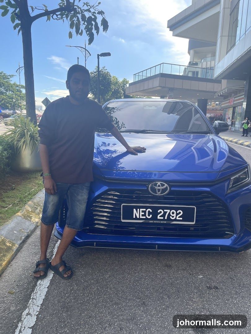 Man Posing with Blue Toyota Car