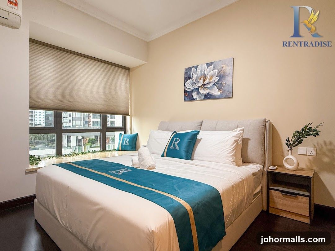 Bedroom with a large bed and city view