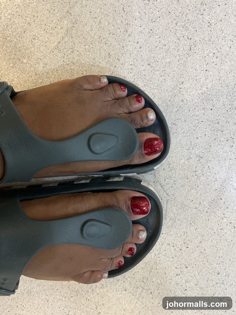 Pedicure with Red and Silver Glitter Polish