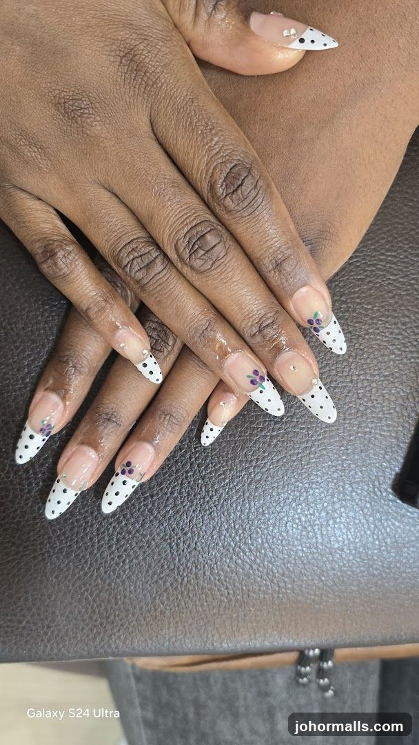 Polka Dot and Floral French Tip Nails