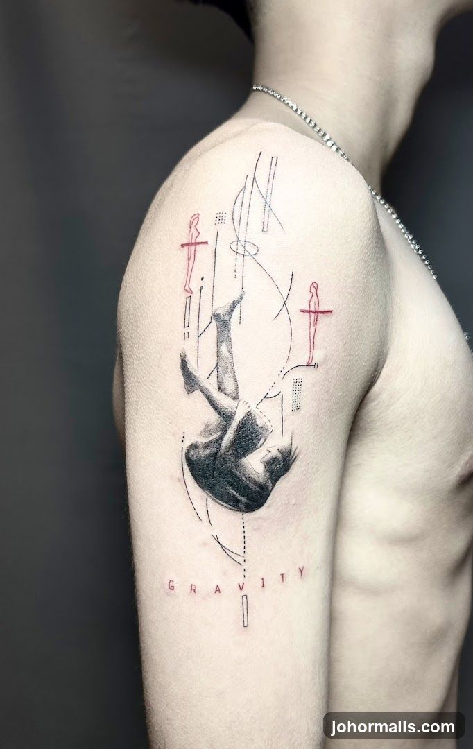Tattoo of a falling figure with abstract lines and the word "GRAVITY"