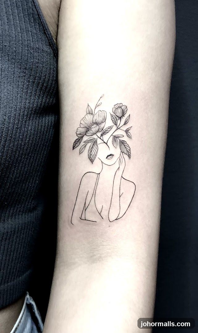 Minimalist Tattoo of Woman with Flowers