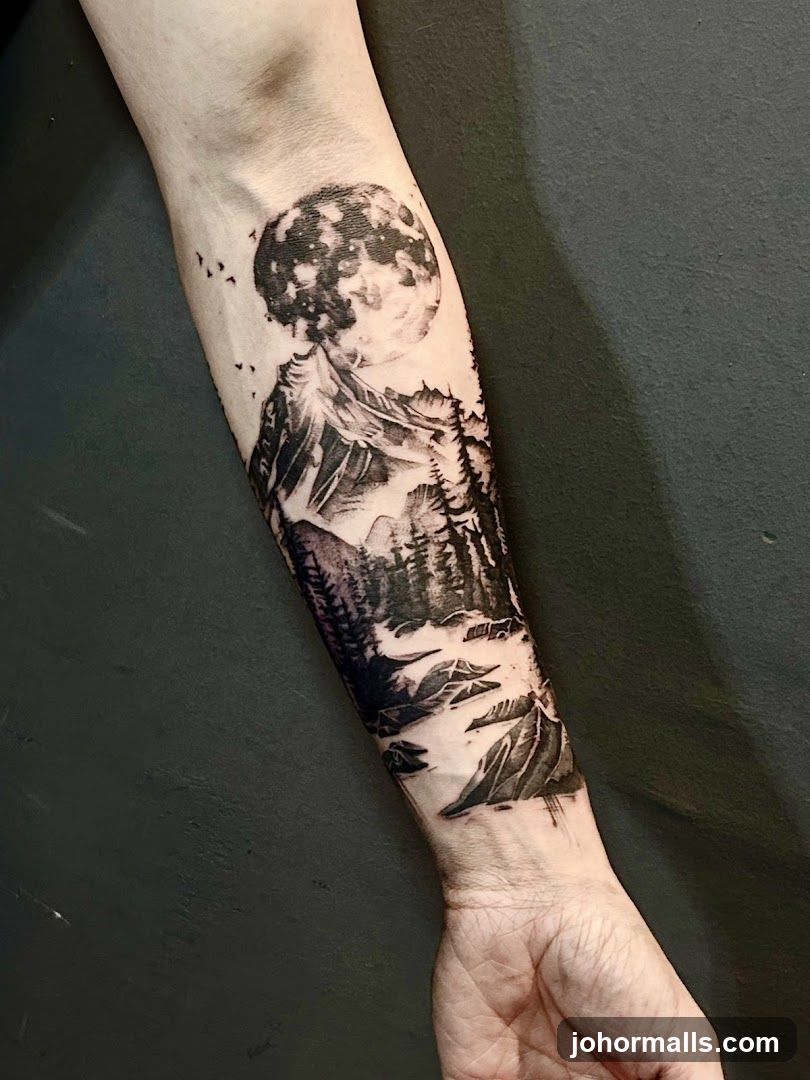 Tattoo of a mountain landscape with a moon