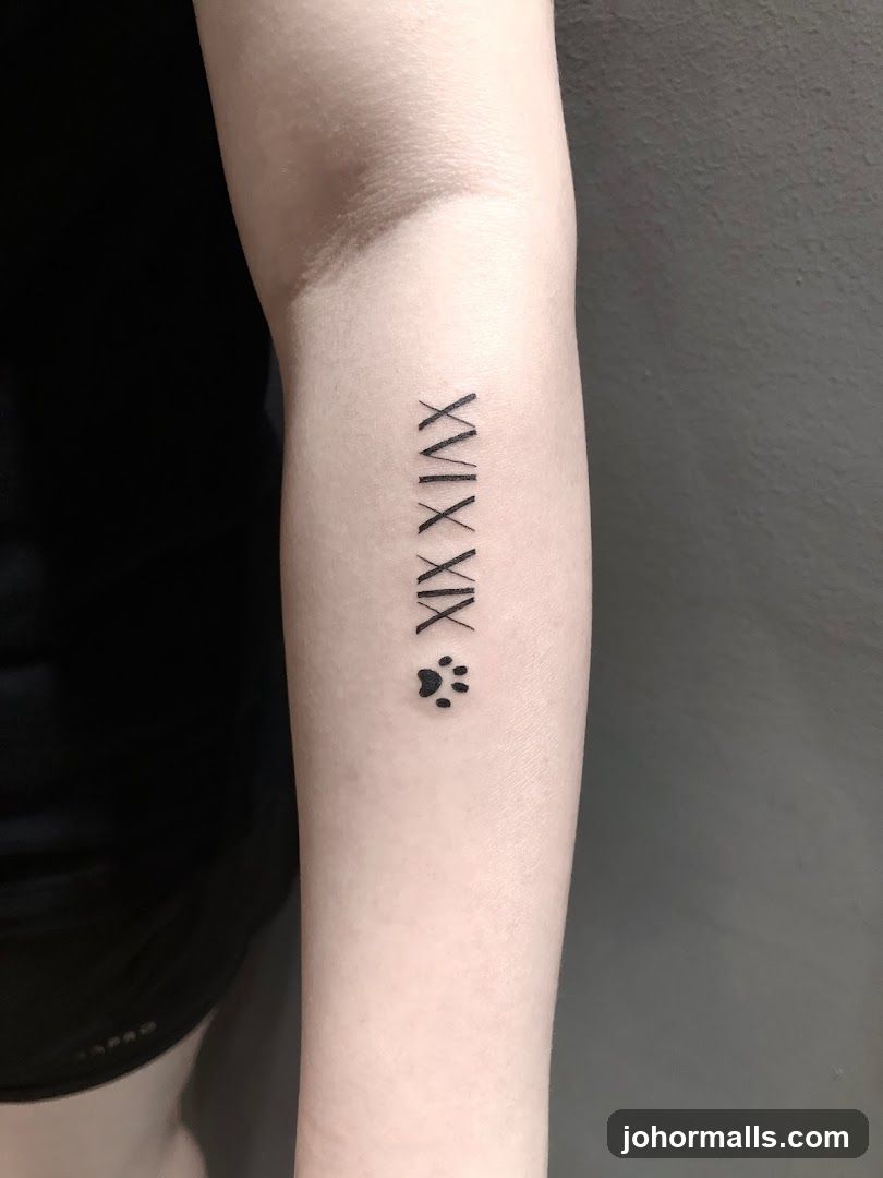 Tattoo of Roman Numerals and Paw Print