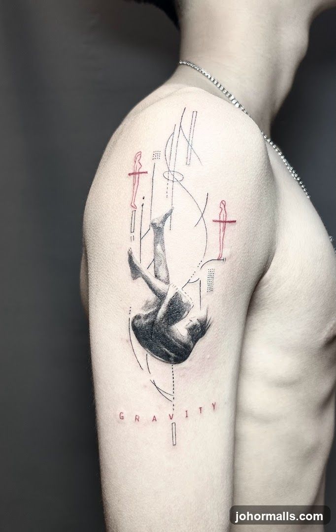 Tattoo of a falling figure with abstract elements