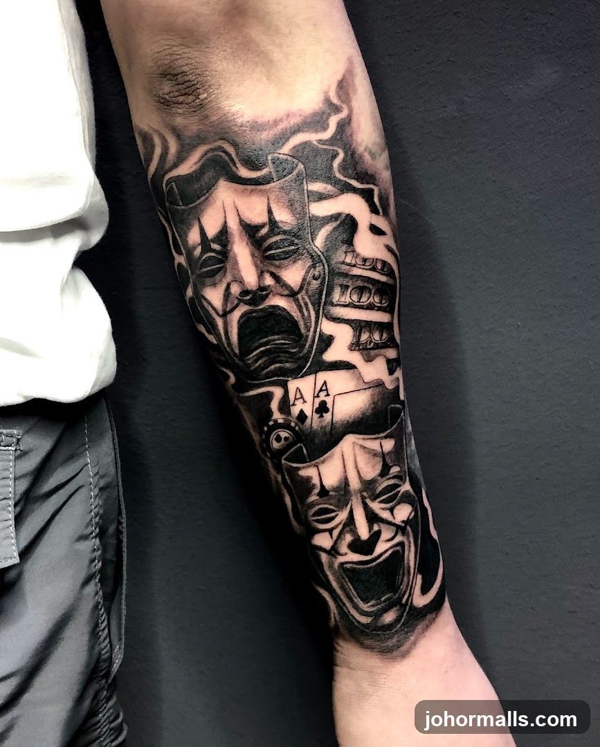 Tattoo of Comedy and Tragedy Masks with Playing Cards and Money