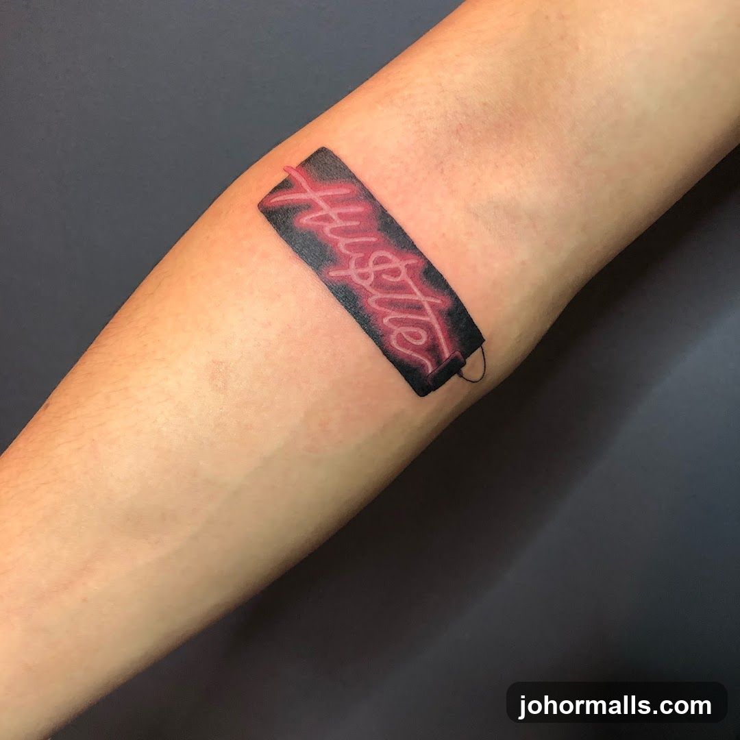 Tattoo of "Hustle" neon sign