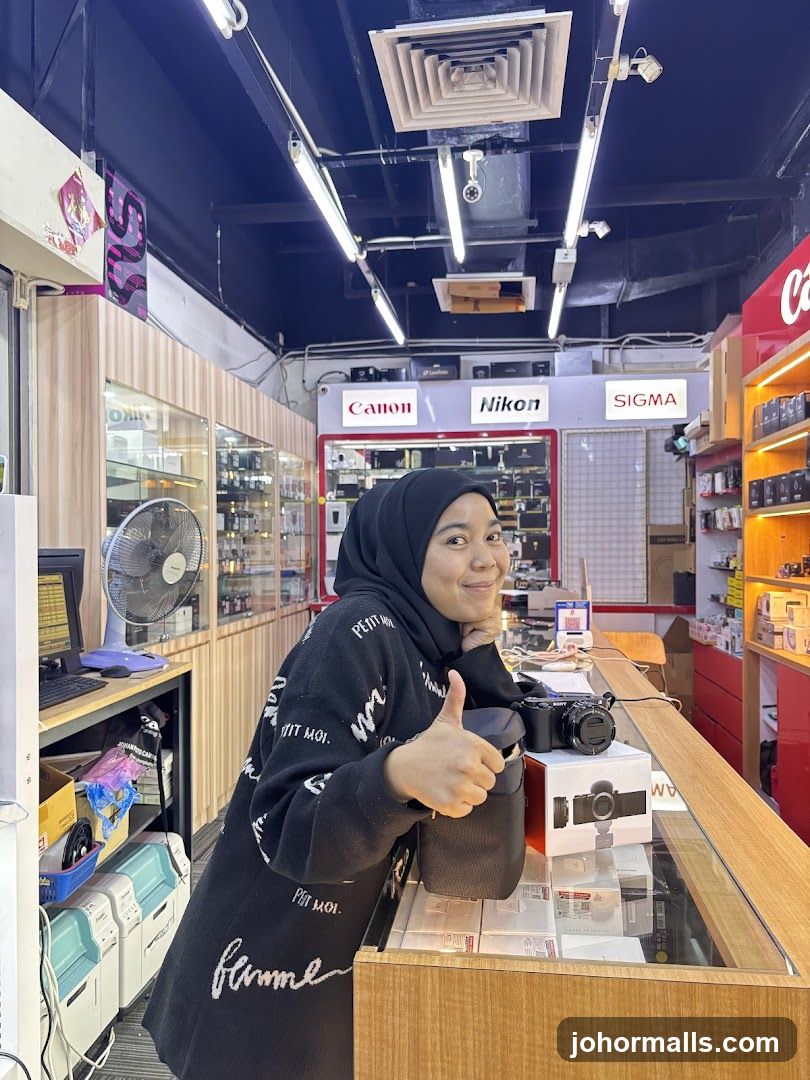 Woman giving a thumbs up in a camera store
