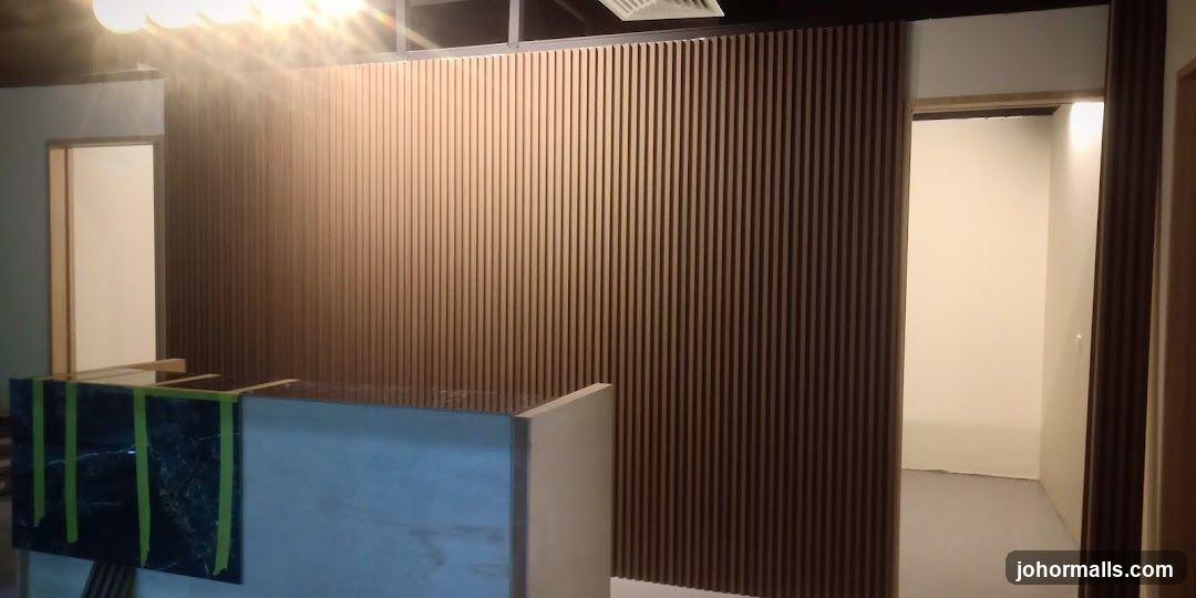 Interior of a modern space with slatted wood paneling