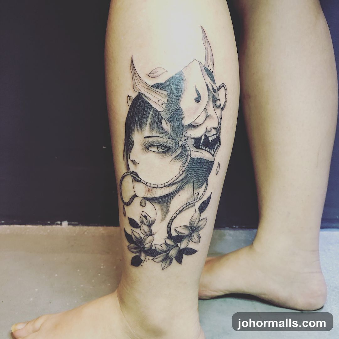 Tattoo of a woman with a mask