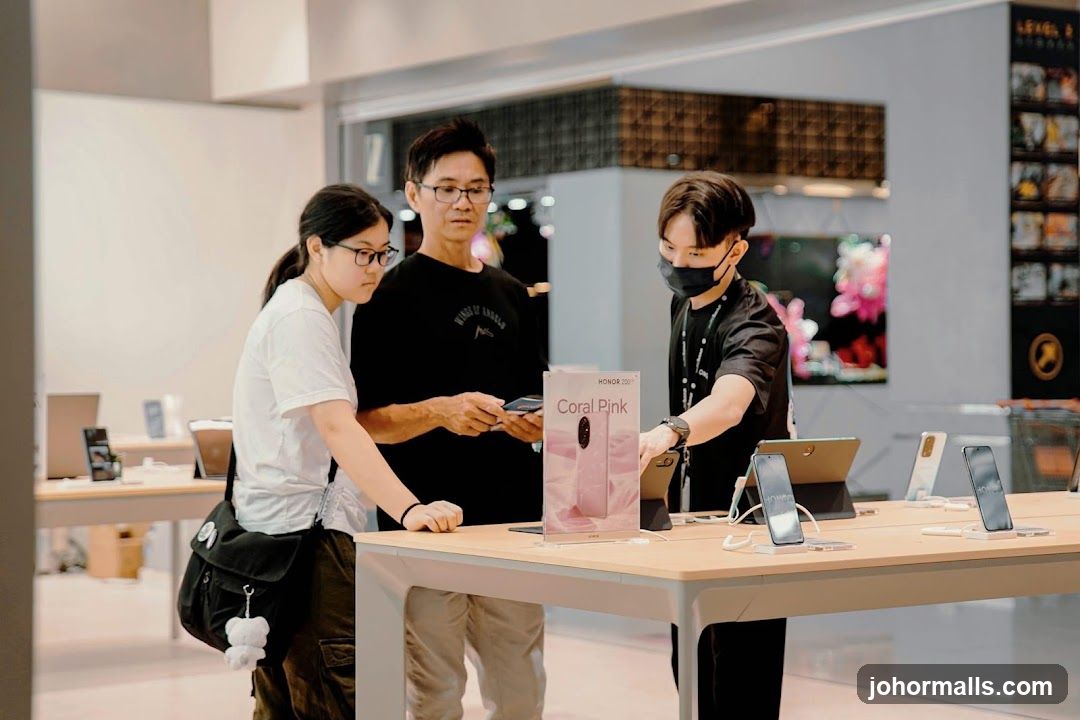 Customers looking at phones in a store