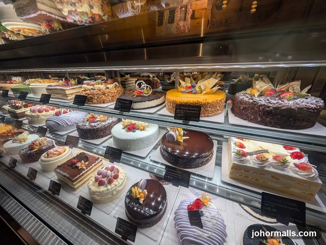 Cakes in a display case